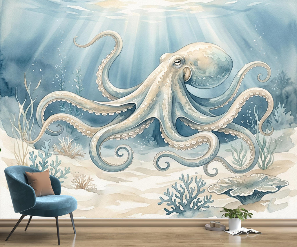 Octopus Fish Restaurant Watercolor Wall Mural – Octopus wall decor Oceal wall decal, Restaurant wall art Kids Room or Nursery 893RS