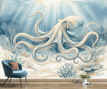 Load image into Gallery viewer, Octopus Fish Restaurant Watercolor Wall Mural – Octopus wall decor Oceal wall decal, Restaurant wall art Kids Room or Nursery 893RS