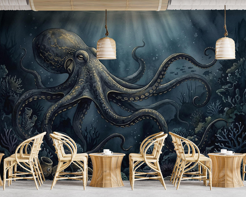 Dark Octopus Fish Restaurant Watercolor Wall Mural – Octopus wall decor Oceal wall decal, Restaurant wall art Kids Room or Nursery