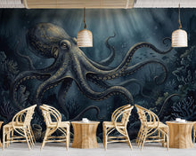 Load image into Gallery viewer, Dark Octopus Fish Restaurant Watercolor Wall Mural – Octopus wall decor Oceal wall decal, Restaurant wall art Kids Room or Nursery