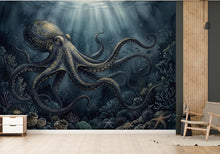 Load image into Gallery viewer, Dark Octopus Fish Restaurant Watercolor Wall Mural – Octopus wall decor Oceal wall decal, Restaurant wall art Kids Room or Nursery