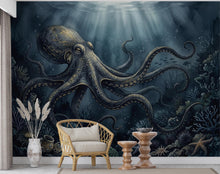 Load image into Gallery viewer, Dark Octopus Fish Restaurant Watercolor Wall Mural – Octopus wall decor Oceal wall decal, Restaurant wall art Kids Room or Nursery
