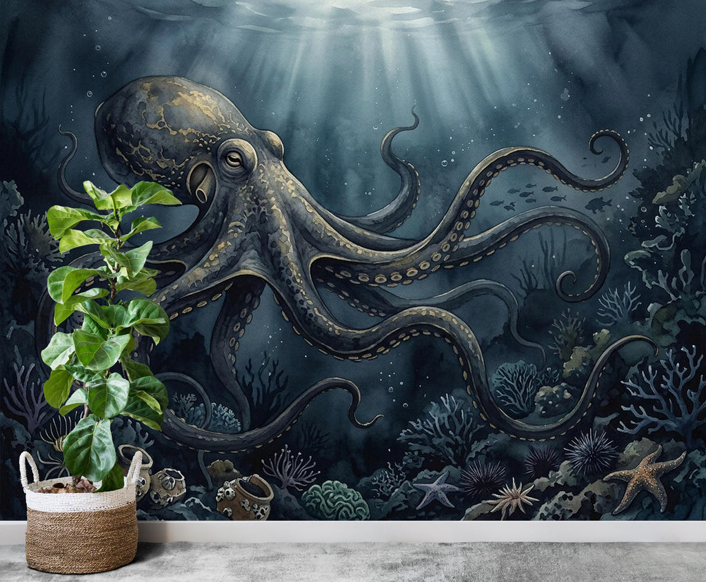 Dark Octopus Fish Restaurant Watercolor Wall Mural – Octopus wall decor Oceal wall decal, Restaurant wall art Kids Room or Nursery