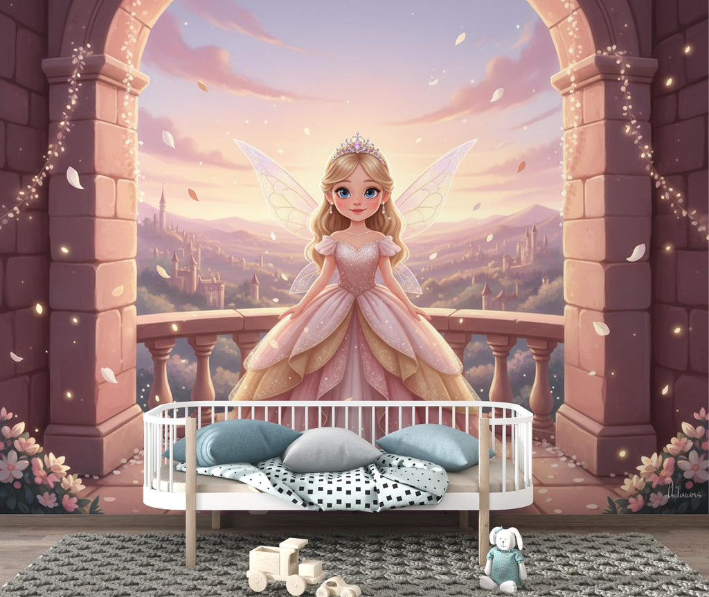 Custom Fairy Princess Portrait, Personalised Girl Wall Art, Princess Castle Wallpaper, Kids Room Decor, Custom Baby, Toddler Birthday Gift