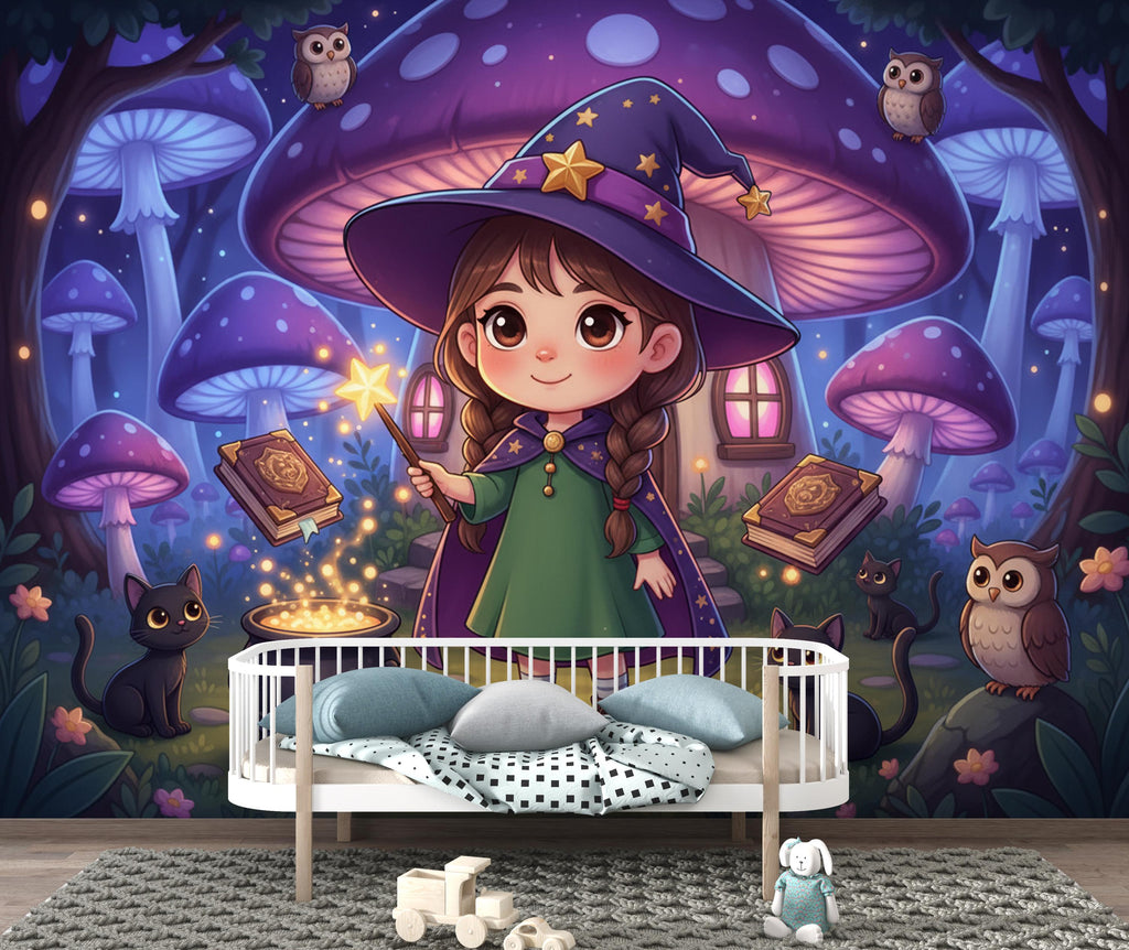 Custom Kids Portrait Cartoon Witch Wallpaper, Enchanted Forest Mushroom House Art, Personalized Girl Wall Decor, Fantasy Nursery Mural