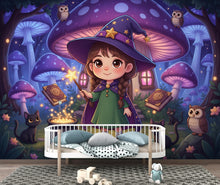 Load image into Gallery viewer, Custom Kids Portrait Cartoon Witch Wallpaper, Enchanted Forest Mushroom House Art, Personalized Girl Wall Decor, Fantasy Nursery Mural