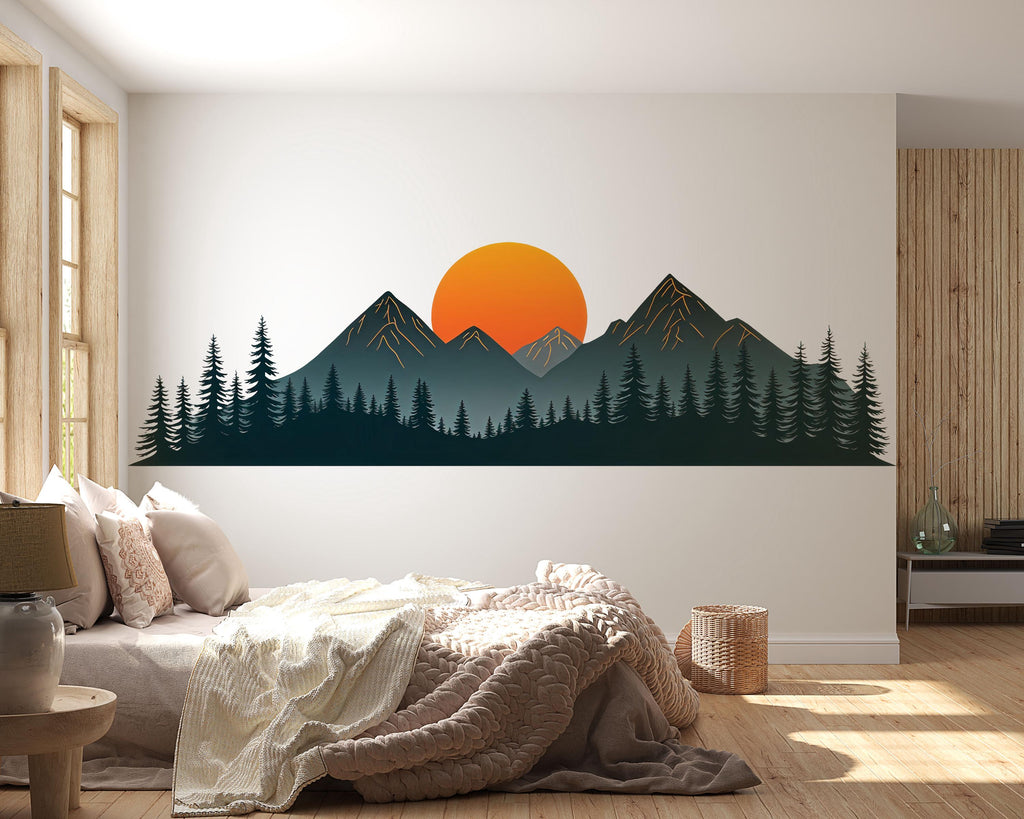 Mountain Sunset Wallpaper Minimalist Forest Wall Decal Nature Wall Mural Peel And Stick Wallpaper Living Room Modern Landscape Wall Decor