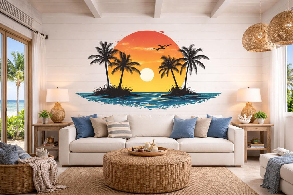 Tropical Sunset Wall Decal Palm Trees Ocean Island Sticker Coastal Beach Wall Decor Removable Vinyl Art Summer Vibes Living Room Bedroom