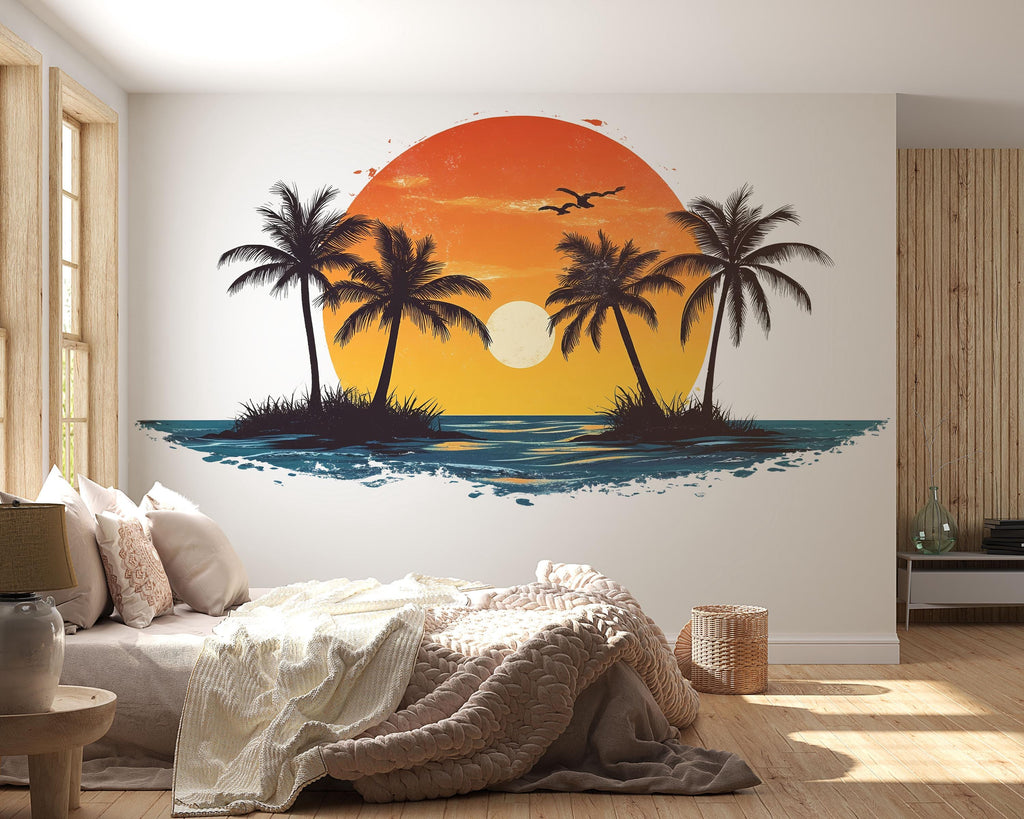 Tropical Sunset Wall Decal Palm Trees Ocean Island Sticker Coastal Beach Wall Decor Removable Vinyl Art Summer Vibes Living Room Bedroom