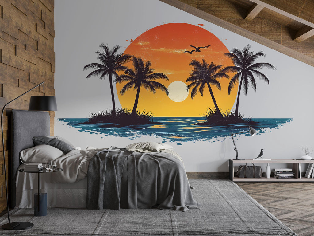 Tropical Sunset Wall Decal Palm Trees Ocean Island Sticker Coastal Beach Wall Decor Removable Vinyl Art Summer Vibes Living Room Bedroom