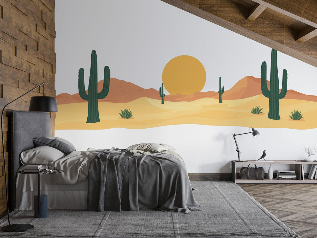 Desert Cactus Wallpaper Boho Wall Decal Sunset Wall Mural Peel And Stick Wallpaper Living Room Bedroom Western Desert Wall Decor Minimalist