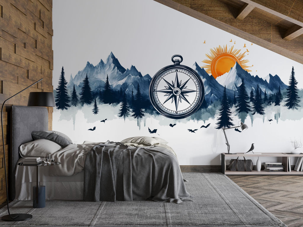 Compass Mountain Wallpaper Adventure Wall Decal Forest Wall Mural Peel And Stick Wallpaper Bedroom Living Room Cabin Nature Wall Decor