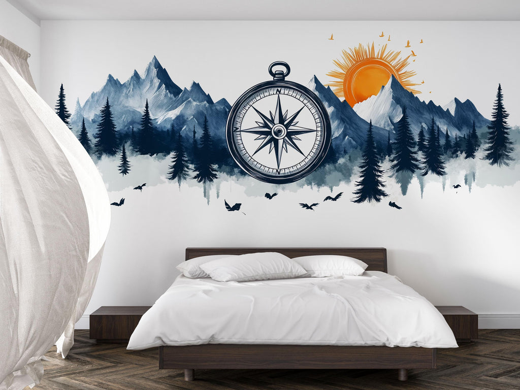 Compass Mountain Wallpaper Adventure Wall Decal Forest Wall Mural Peel And Stick Wallpaper Bedroom Living Room Cabin Nature Wall Decor