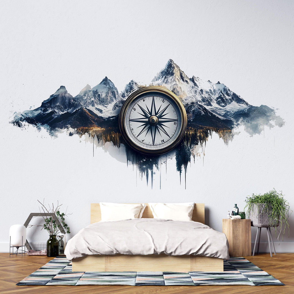 Compass Mountain Wallpaper Vintage Wall Decal Adventure Wall Mural Peel And Stick Wallpaper Office Living Room Rustic Luxury Wall Decor
