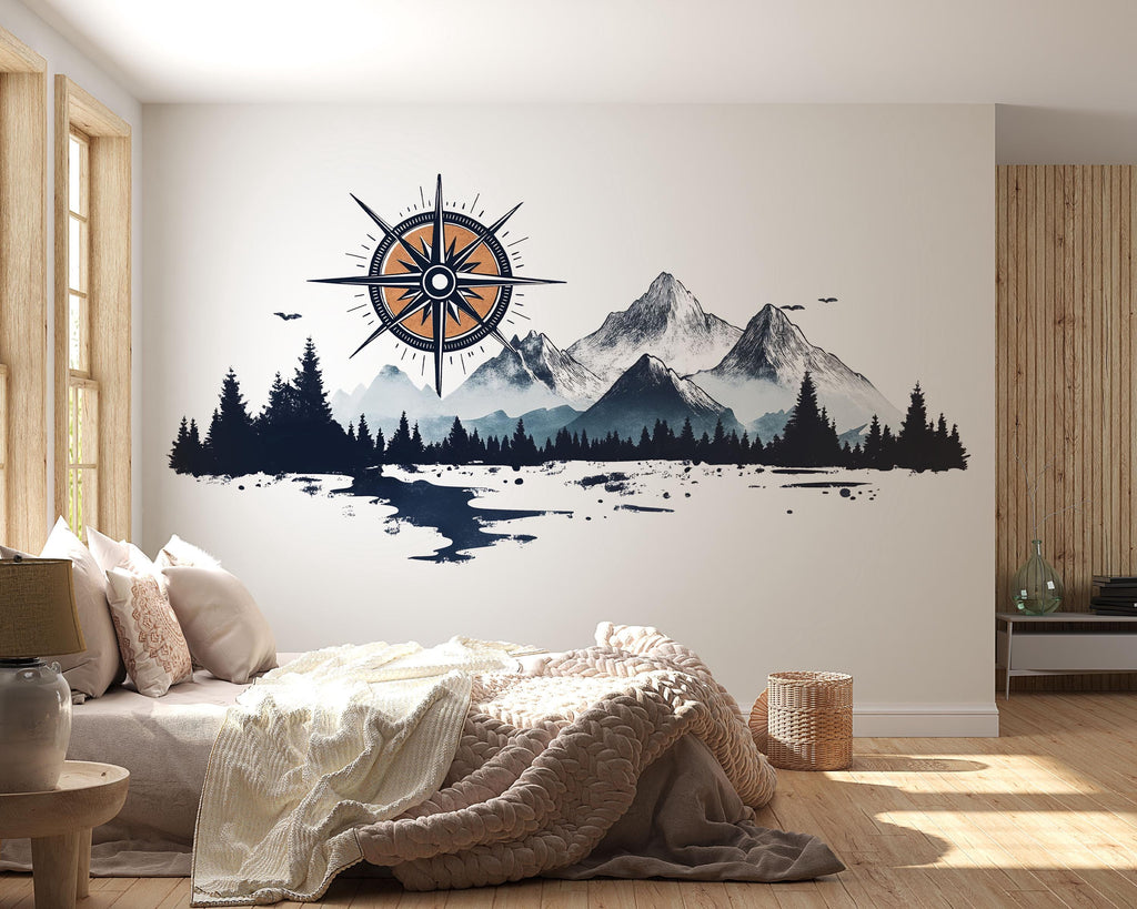 Compass Mountain Wallpaper Adventure Wall Decal Forest Wall Mural Peel And Stick Wallpaper Bedroom Office Modern Nature Wall Decor