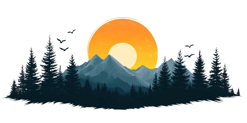 Mountain Forest Wall Decal, Nature Wall Sticker, Sunset Mountain Wall Art, Bedroom Wall Mural, Pine Tree Landscape Decor, 529mv