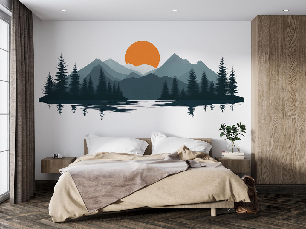 Mountain Lake Wall Decal, Nature Wall Sticker, Forest Mountain Mural, Living Room Wall Art, Sunset Landscape Decor, 530mv