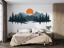 Load image into Gallery viewer, Mountain Lake Wall Decal, Nature Wall Sticker, Forest Mountain Mural, Living Room Wall Art, Sunset Landscape Decor, 530mv