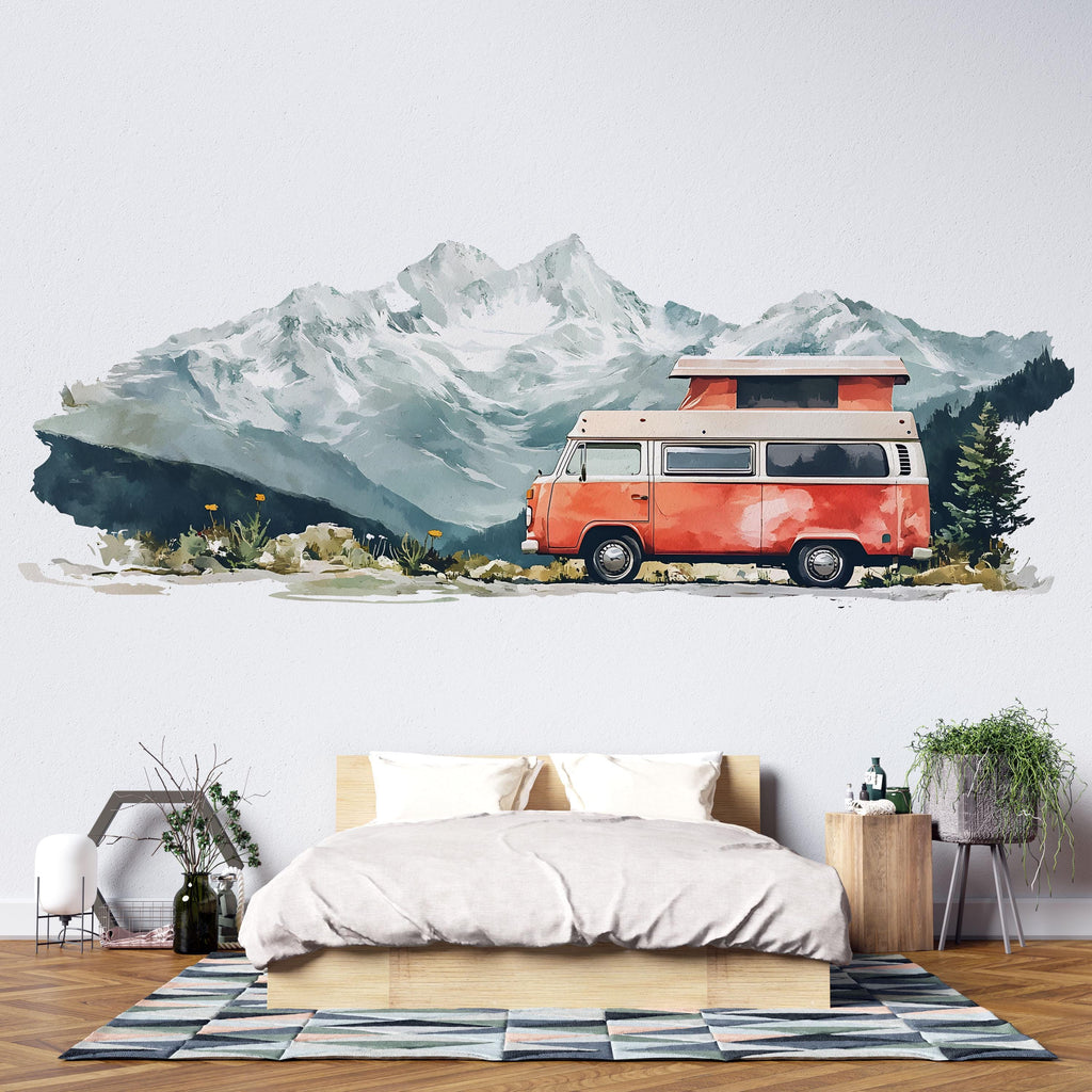 Camper Van Wall Decal, Mountain Wall Sticker, Van Life Wall Art, Bedroom Wall Mural, Camping Nature Decor, 537mv