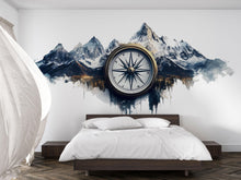 Load image into Gallery viewer, Mountain Compass Wall Decal, Adventure Wall Sticker, Compass Wall Art, Bedroom Wall Mural, Nature Travel Decor, 540mv