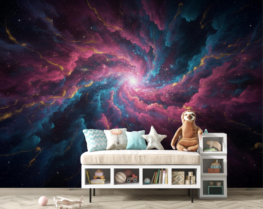 Cosmic Nebula Wallpaper, Magenta Blue Gold Space Wallpaper, Star Cluster Galaxy Art, Deep Space wall decor, Celestial Wall Decor