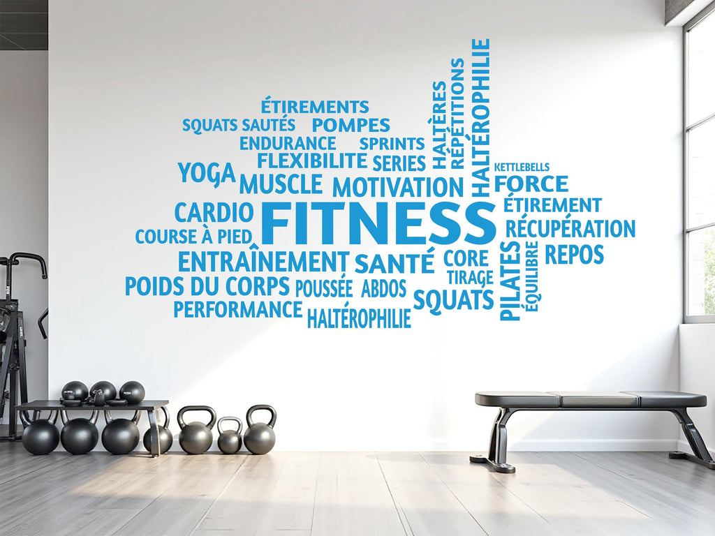 French Fitness Word Cloud Wall Decal | Gym Motivation Wall Sticker | Workout Vinyl Wall Art | Home Gym Decor | Fitness Wall Decal 791LU