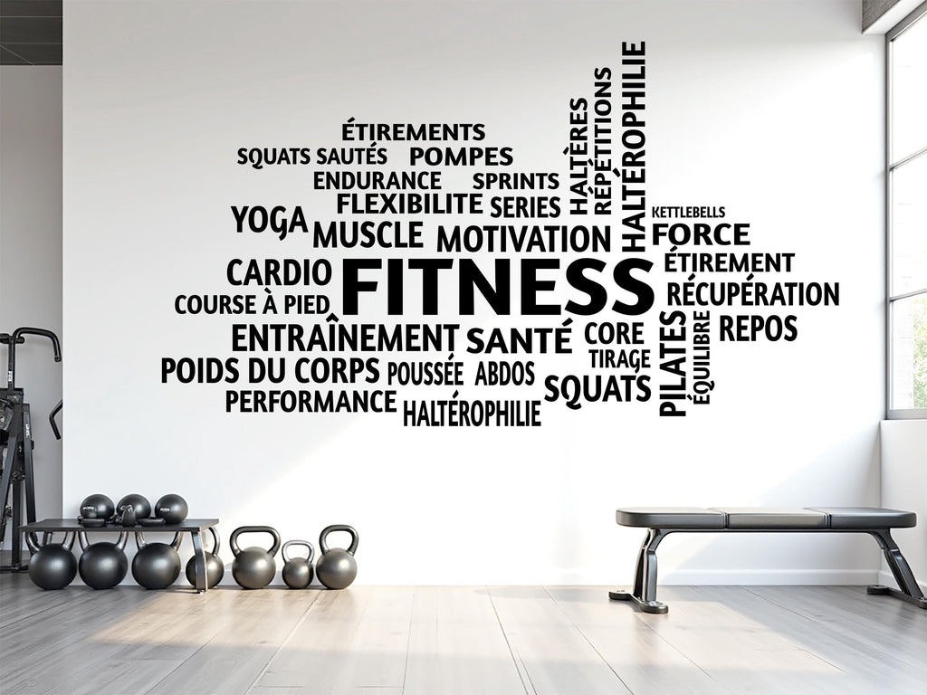 French Fitness Word Cloud Wall Decal | Gym Motivation Wall Sticker | Workout Vinyl Wall Art | Home Gym Decor | Fitness Wall Decal 791LU