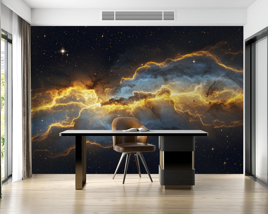 Abstract Cosmic Nebula Wallpaper, Liquid Gold Galaxy Wall mural, Luxury Space Decor, Celestial Peel and stick