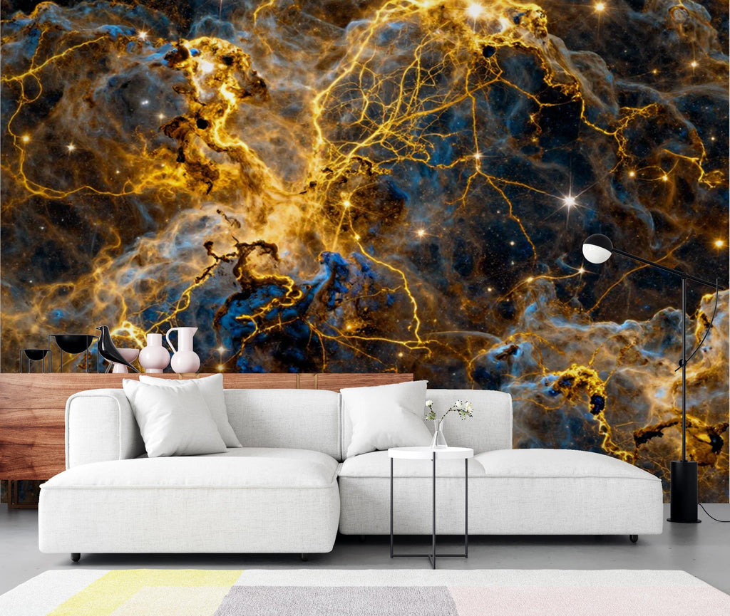 Abstract Cosmic Nebula Wallpaper, Liquid Gold Galaxy Wall mural, Luxury Space Decor, Celestial Peel and stick