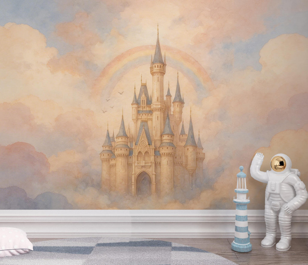 Fairytale Castle in the Clouds Wallpaper, Pastel Watercolor Castle Art, Dreamy Princess Wall Art, Rainbow Castle, Whimsical Nursery Decor