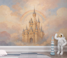 Load image into Gallery viewer, Fairytale Castle in the Clouds Wallpaper, Pastel Watercolor Castle Art, Dreamy Princess Wall Art, Rainbow Castle, Whimsical Nursery Decor