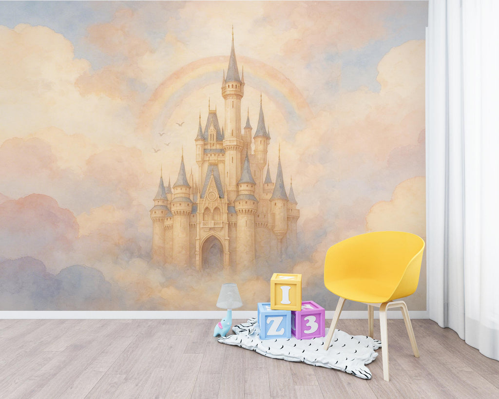 Fairytale Castle in the Clouds Wallpaper, Pastel Watercolor Castle Art, Dreamy Princess Wall Art, Rainbow Castle, Whimsical Nursery Decor