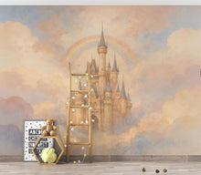 Load image into Gallery viewer, Fairytale Castle in the Clouds Wallpaper, Pastel Watercolor Castle Art, Dreamy Princess Wall Art, Rainbow Castle, Whimsical Nursery Decor