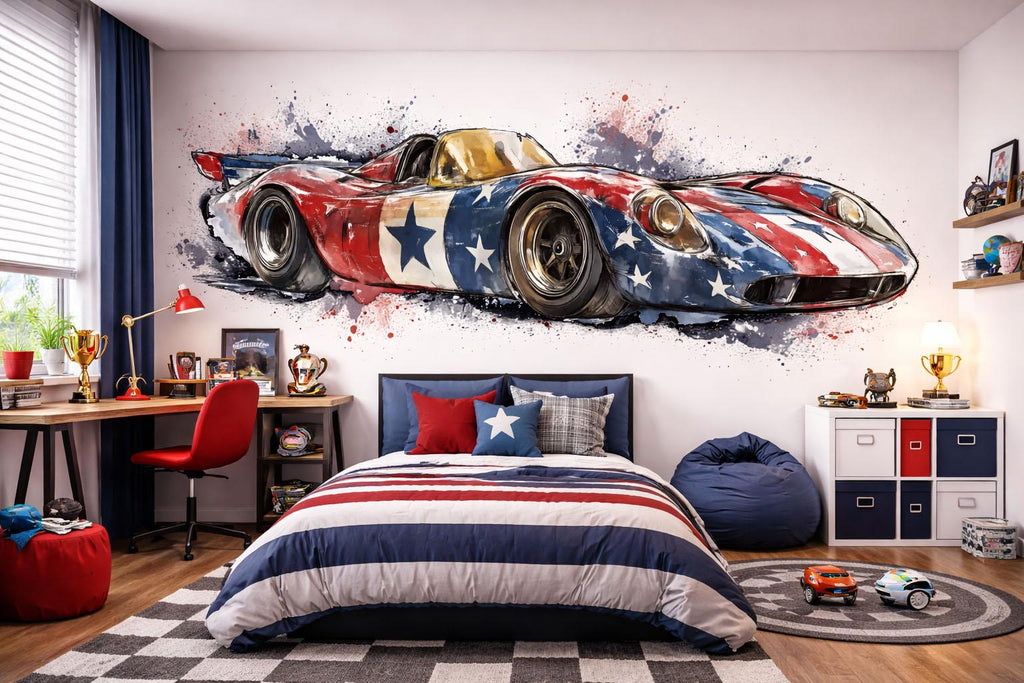 Patriotic Race Car Wallpaper American Flag Sports Car Wall Decal Boys Room Racing Wall Mural Peel And Stick Wallpaper Kids Car Decor