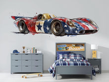 Load image into Gallery viewer, Patriotic Race Car Wallpaper American Flag Sports Car Wall Decal Boys Room Racing Wall Mural Peel And Stick Wallpaper Kids Car Decor