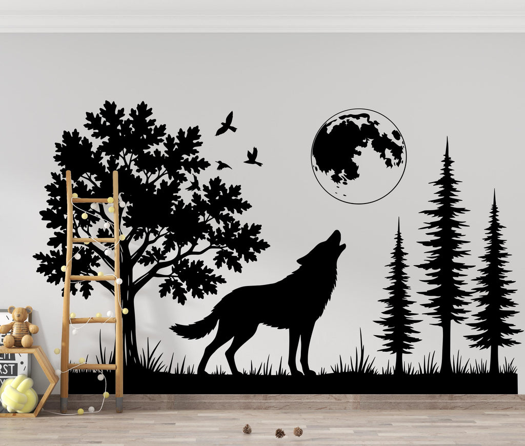Large Wolf Moon Wall Decal | Minimalist Bedroom Art | Forest Nursery Decor | Removable Vinyl Sticker | Wildlife Lover Gift