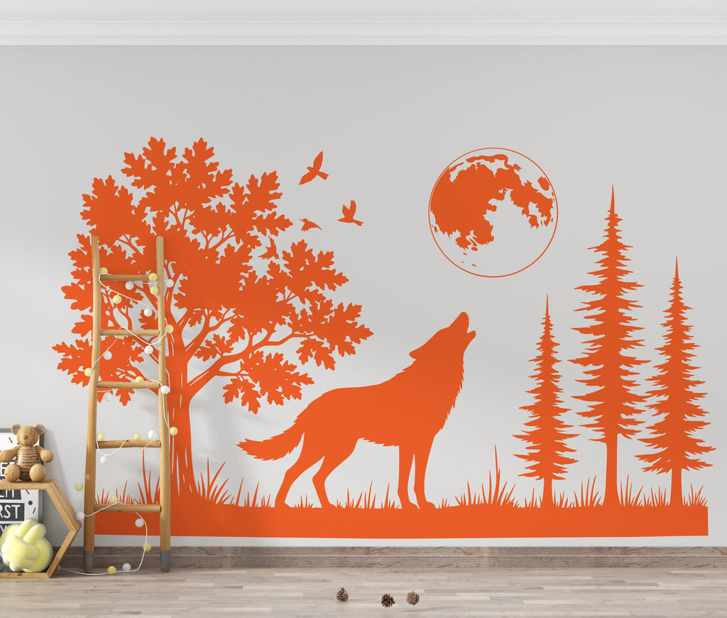 Large Wolf Moon Wall Decal | Minimalist Bedroom Art | Forest Nursery Decor | Removable Vinyl Sticker | Wildlife Lover Gift