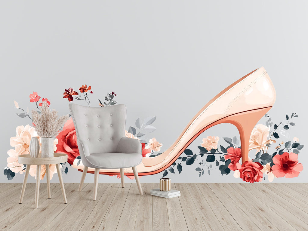 Floral High Heel Wall Sticker, Fashion Bedroom Decal, Rose Shoe Wall Art, Chic Girl Room Decor, 101gm