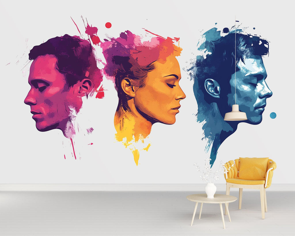 Abstract Face Wall Decal, Color Portrait Sticker, Modern Wall Art, Couple Profile Decor, Artistic Room Mural, 107gm