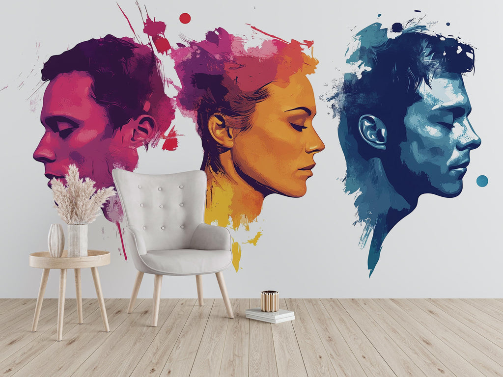 Abstract Face Wall Decal, Color Portrait Sticker, Modern Wall Art, Couple Profile Decor, Artistic Room Mural, 107gm