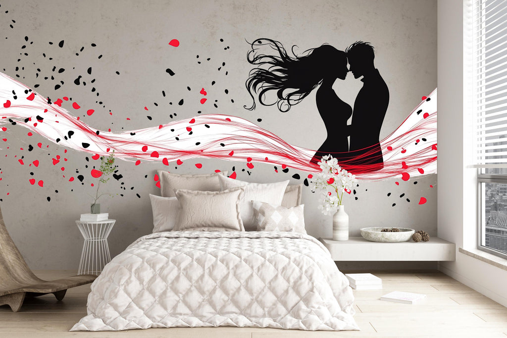 Couple Wall Decal, Romantic Love Sticker, Kiss Silhouette Wall Art, Bedroom Wall Decor, Modern Love Mural, 108gm