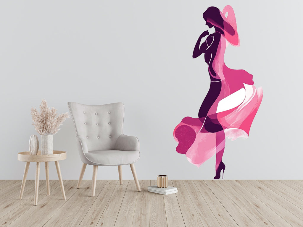 Pink Fashion Lady Wall Decal, Woman Silhouette Sticker, Glam Wall Art, Girl Room Decor, Boutique Wall Mural, 110gm