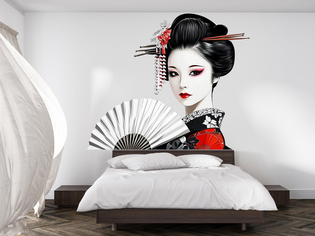 Geisha Wall Decal, Japanese Woman Sticker, Asian Wall Art, Bedroom Decor, Elegant Fan Mural, 114gm