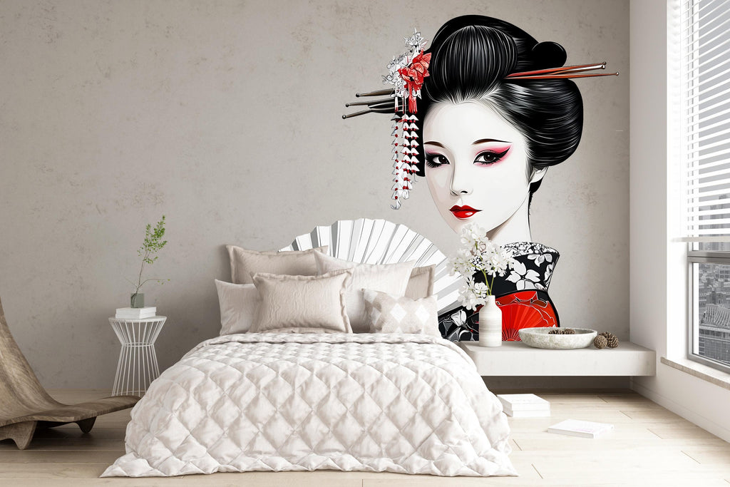 Geisha Wall Decal, Japanese Woman Sticker, Asian Wall Art, Bedroom Decor, Elegant Fan Mural, 114gm