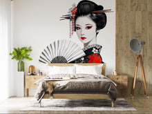 Load image into Gallery viewer, Geisha Wall Decal, Japanese Woman Sticker, Asian Wall Art, Bedroom Decor, Elegant Fan Mural, 114gm