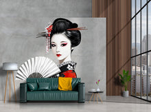 Load image into Gallery viewer, Geisha Wall Decal, Japanese Woman Sticker, Asian Wall Art, Bedroom Decor, Elegant Fan Mural, 114gm