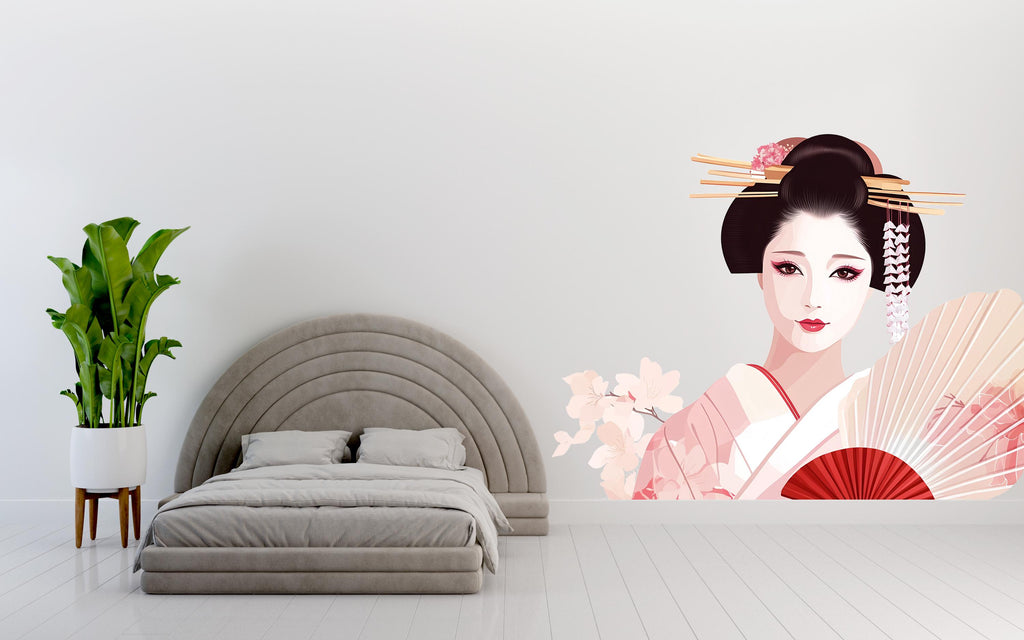 Geisha Wall Decal, Japanese Woman Sticker, Asian Wall Art, Soft Pink Bedroom Decor, Elegant Portrait Mural, 115gm