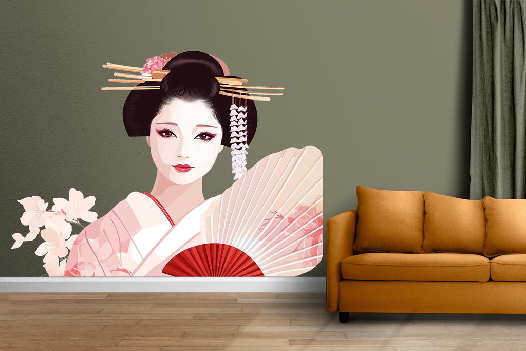 Geisha Wall Decal, Japanese Woman Sticker, Asian Wall Art, Soft Pink Bedroom Decor, Elegant Portrait Mural, 115gm