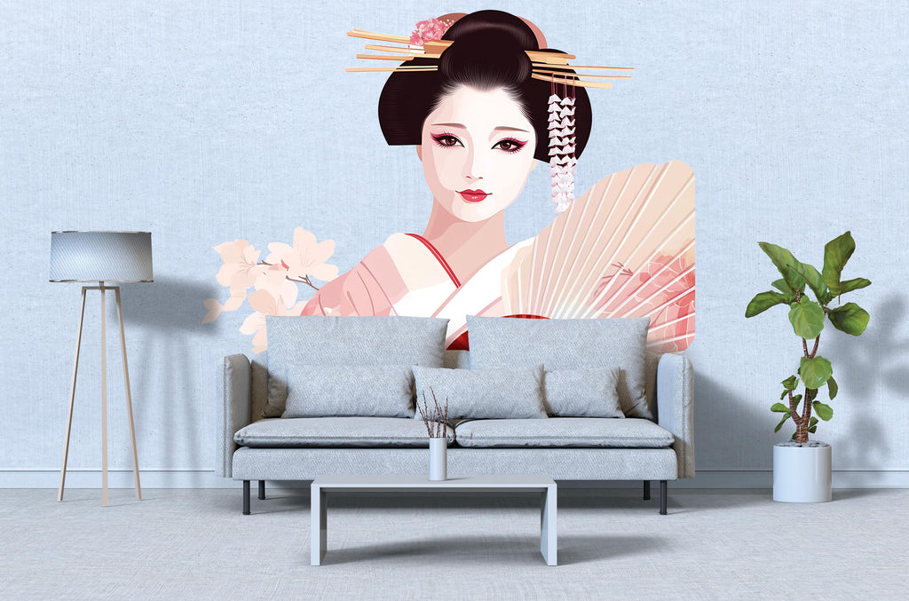 Geisha Wall Decal, Japanese Woman Sticker, Asian Wall Art, Soft Pink Bedroom Decor, Elegant Portrait Mural, 115gm