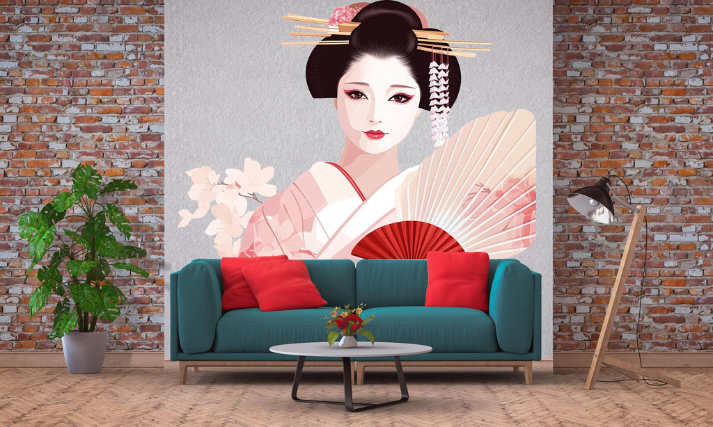 Geisha Wall Decal, Japanese Woman Sticker, Asian Wall Art, Soft Pink Bedroom Decor, Elegant Portrait Mural, 115gm